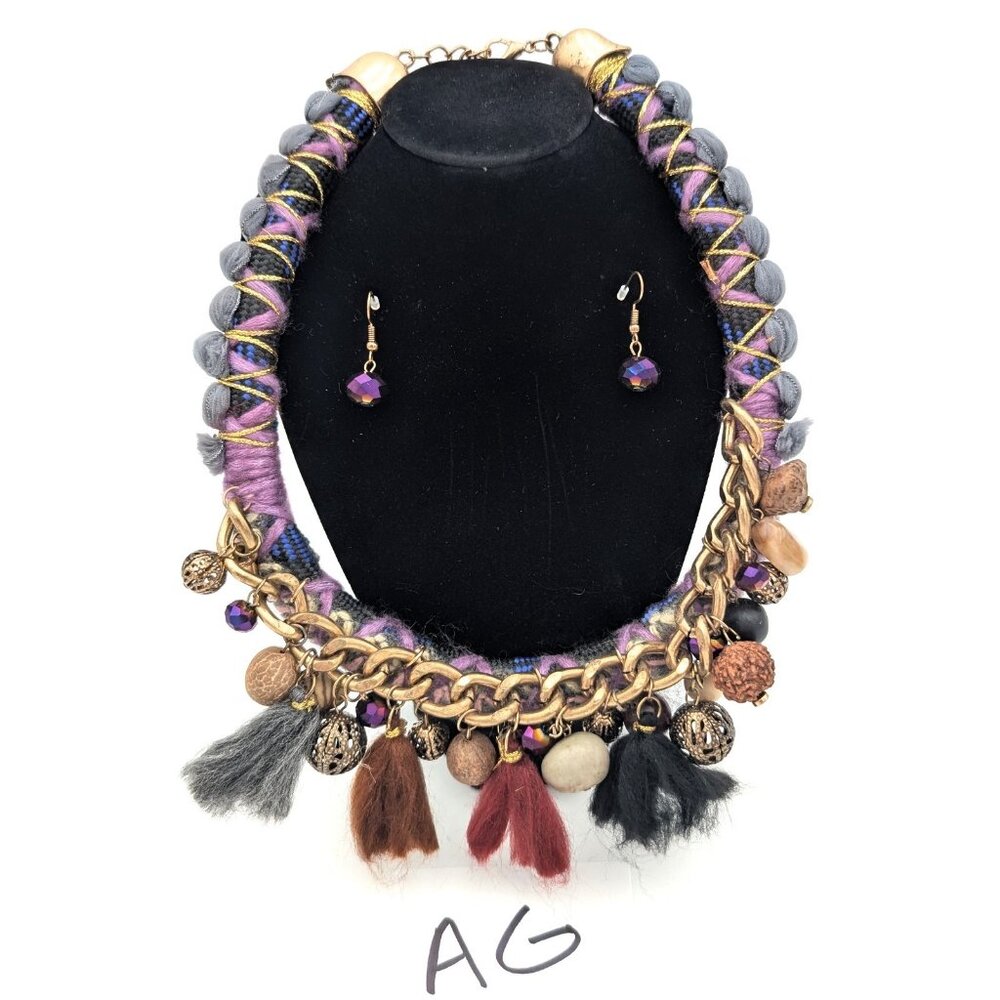 Vintage Victorian Revival Necklace Handmade Macrame Beaded Crystal Purple Stone